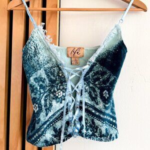 SOLD Y2K Lace Up Corset Top Blue Green Boho Cami by Fifi (S)